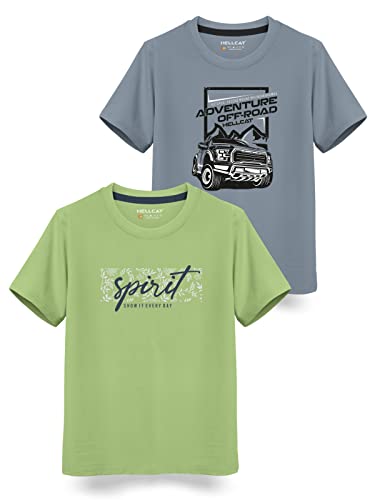 HELLCAT Boys Round Neck Printed Blended Cotton Tshirt -Combo Pack of 2 - Orange/Blue