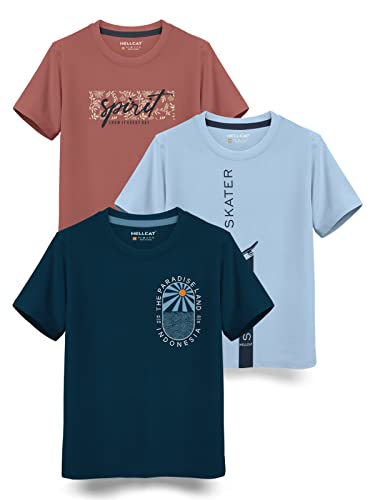 HELLCAT Boys Round Neck Printed Blended Cotton Tshirt -Combo Pack of 2 - Orange/Blue