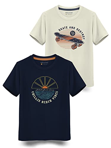 HELLCAT Boys Round Neck Printed Blended Cotton Tshirt -Combo Pack of 2 - Orange/Blue