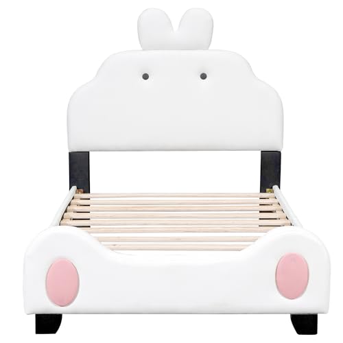 LostCat Full Size Wood Platform Bed Frame with Bear Shaped Headboard and Footboard, Kid Full Size Bed Frame,Wood Full Bed for Kids Teens Girls Boys, No Box Spring Needed, White