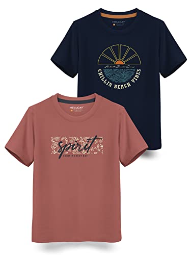 HELLCAT Boys Round Neck Printed Blended Cotton Tshirt -Combo Pack of 2 - Orange/Blue