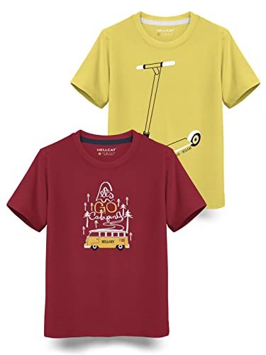 HELLCAT Boys Round Neck Printed Blended Cotton Tshirt -Combo Pack of 2 - Orange/Blue