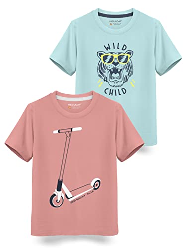 HELLCAT Boys Round Neck Printed Blended Cotton Tshirt -Combo Pack of 2 - Orange/Blue