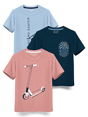 HELLCAT Boys Round Neck Printed Blended Cotton Tshirt -Combo Pack of 2 - Orange/Blue