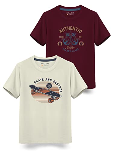 HELLCAT Boys Round Neck Printed Blended Cotton Tshirt -Combo Pack of 2 - Orange/Blue