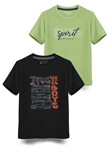 HELLCAT Boys Round Neck Printed Blended Cotton Tshirt -Combo Pack of 2 - Orange/Blue