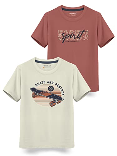 HELLCAT Boys Round Neck Printed Blended Cotton Tshirt -Combo Pack of 2 - Orange/Blue