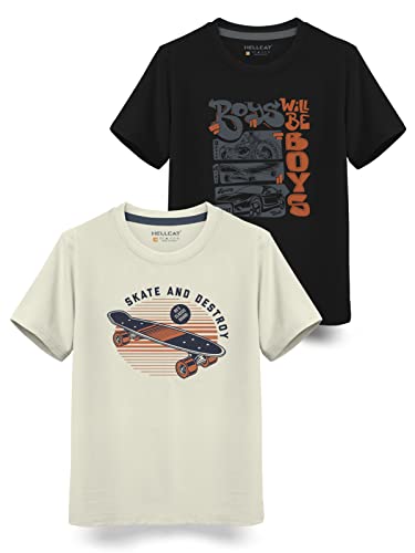 HELLCAT Boys Round Neck Printed Blended Cotton Tshirt -Combo Pack of 2 - Orange/Blue