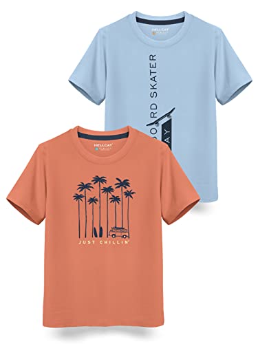 HELLCAT Boys Round Neck Printed Blended Cotton Tshirt -Combo Pack of 2 - Orange/Blue
