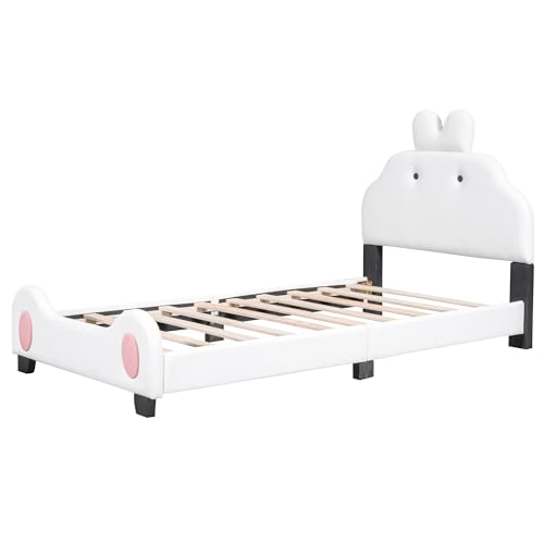LostCat Full Size Wood Platform Bed Frame with Bear Shaped Headboard and Footboard, Kid Full Size Bed Frame,Wood Full Bed for Kids Teens Girls Boys, No Box Spring Needed, White