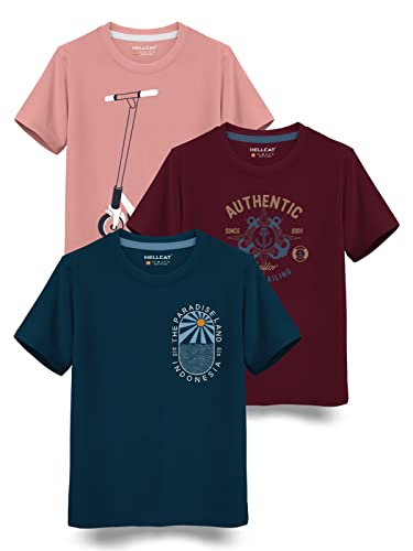 HELLCAT Boys Round Neck Printed Blended Cotton Tshirt -Combo Pack of 2 - Orange/Blue