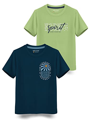 HELLCAT Boys Round Neck Printed Blended Cotton Tshirt -Combo Pack of 2 - Orange/Blue
