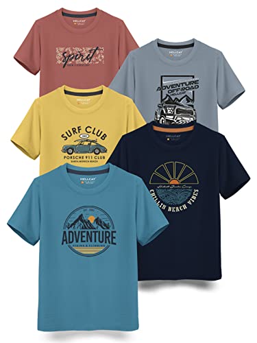 HELLCAT Boys Round Neck Printed Blended Cotton Tshirt -Combo Pack of 2 - Orange/Blue