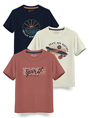 HELLCAT Boys Round Neck Printed Blended Cotton Tshirt -Combo Pack of 2 - Orange/Blue