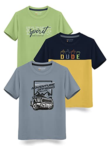 HELLCAT Boys Round Neck Printed Blended Cotton Tshirt -Combo Pack of 2 - Orange/Blue