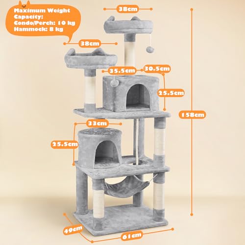 Yaheetech 158cm Multi-level Cat Tree Tower Large Kitten Scratching Posts with Condos/Perches/Hammock Broad-space Kitten Activity Centre, Light Grey