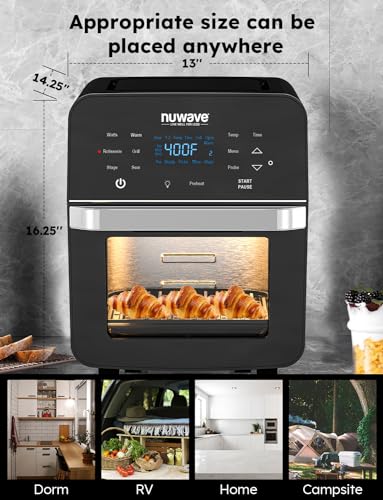 Nuwave Brio 15.5Qt Air Fryer Rotisserie Oven, X-Large Family Size, Powerful 1800W, 4 Rack Positions, 50°-425°F Temp Controls, 100 Presets & 50 Memory, Integrated Smart Thermometer, Linear T Technology