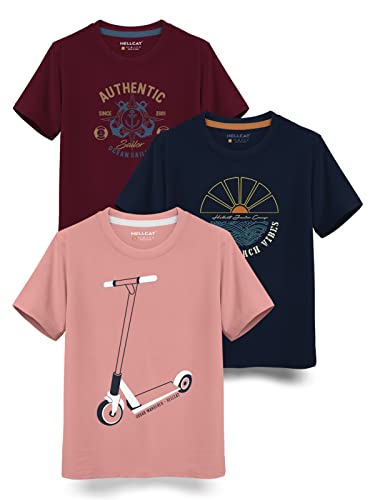 HELLCAT Boys Round Neck Printed Blended Cotton Tshirt -Combo Pack of 2 - Orange/Blue