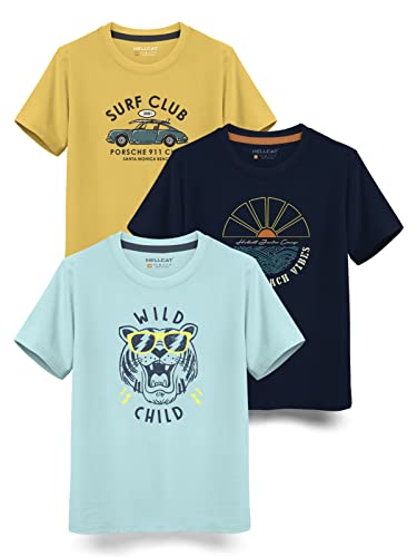 HELLCAT Boys Round Neck Printed Blended Cotton Tshirt -Combo Pack of 2 - Orange/Blue