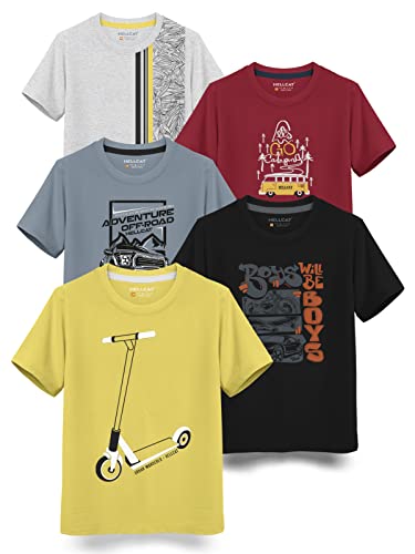 HELLCAT Boys Round Neck Printed Blended Cotton Tshirt -Combo Pack of 2 - Orange/Blue