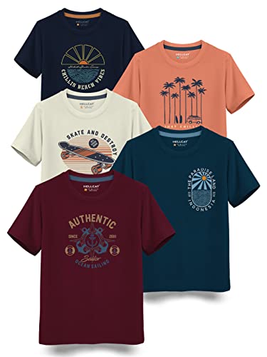 HELLCAT Boys Round Neck Printed Blended Cotton Tshirt -Combo Pack of 2 - Orange/Blue