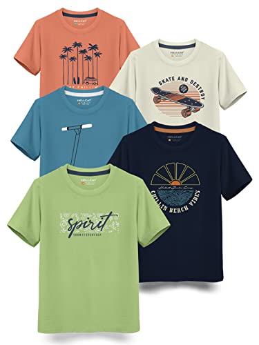 HELLCAT Boys Round Neck Printed Blended Cotton Tshirt -Combo Pack of 2 - Orange/Blue