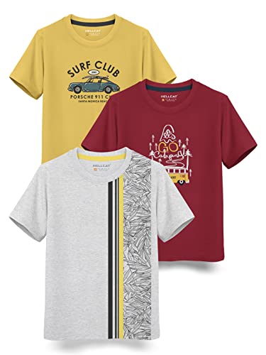 HELLCAT Boys Round Neck Printed Blended Cotton Tshirt -Combo Pack of 2 - Orange/Blue