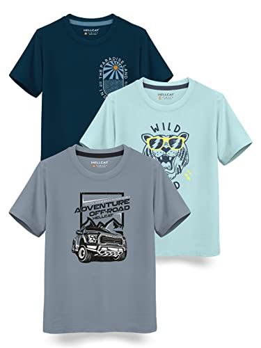 HELLCAT Boys Round Neck Printed Blended Cotton Tshirt -Combo Pack of 2 - Orange/Blue