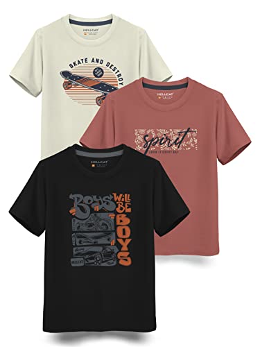 HELLCAT Boys Round Neck Printed Blended Cotton Tshirt -Combo Pack of 2 - Orange/Blue