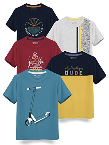 HELLCAT Boys Round Neck Printed Blended Cotton Tshirt -Combo Pack of 2 - Orange/Blue