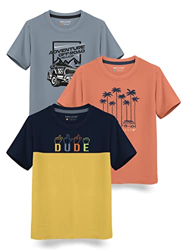 HELLCAT Boys Round Neck Printed Blended Cotton Tshirt -Combo Pack of 2 - Orange/Blue
