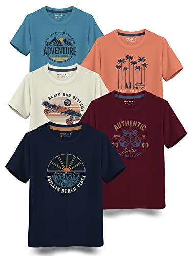 HELLCAT Boys Round Neck Printed Blended Cotton Tshirt -Combo Pack of 2 - Orange/Blue