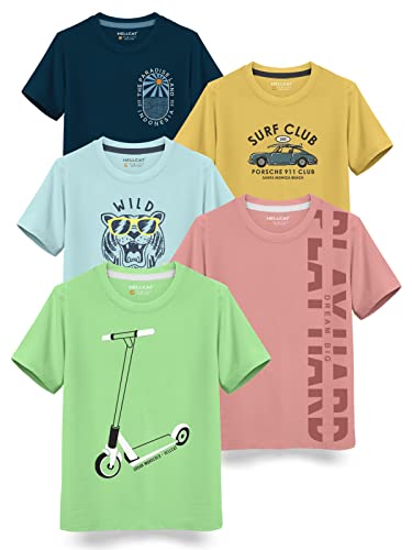 HELLCAT Boys Round Neck Printed Blended Cotton Tshirt -Combo Pack of 2 - Orange/Blue