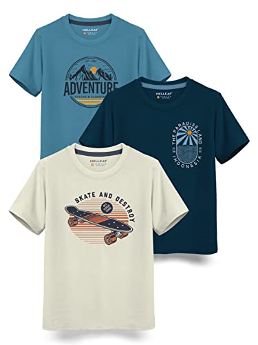 HELLCAT Boys Round Neck Printed Blended Cotton Tshirt -Combo Pack of 2 - Orange/Blue