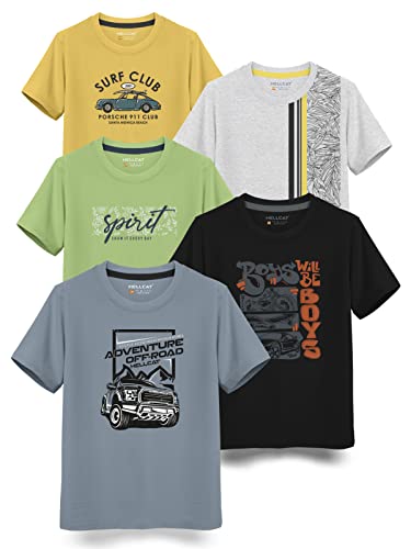 HELLCAT Boys Round Neck Printed Blended Cotton Tshirt -Combo Pack of 2 - Orange/Blue