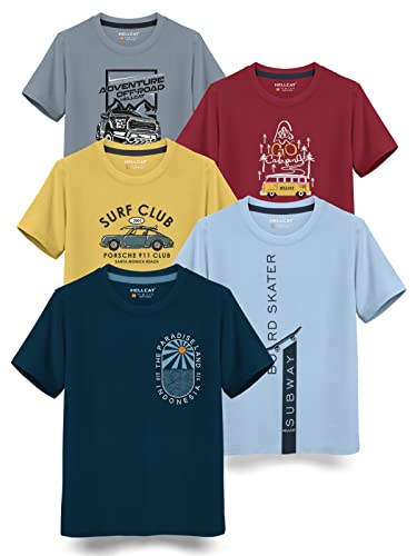 HELLCAT Boys Round Neck Printed Blended Cotton Tshirt -Combo Pack of 2 - Orange/Blue