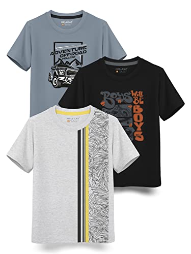 HELLCAT Boys Round Neck Printed Blended Cotton Tshirt -Combo Pack of 2 - Orange/Blue