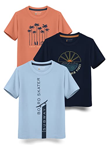 HELLCAT Boys Round Neck Printed Blended Cotton Tshirt -Combo Pack of 2 - Orange/Blue