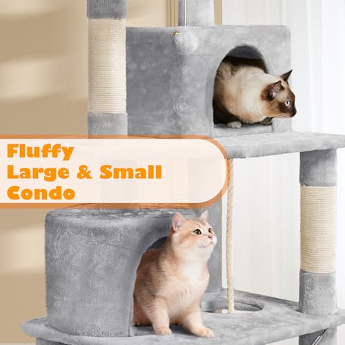 Yaheetech 158cm Multi-level Cat Tree Tower Large Kitten Scratching Posts with Condos/Perches/Hammock Broad-space Kitten Activity Centre, Light Grey