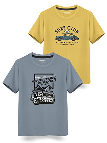 HELLCAT Boys Round Neck Printed Blended Cotton Tshirt -Combo Pack of 2 - Orange/Blue