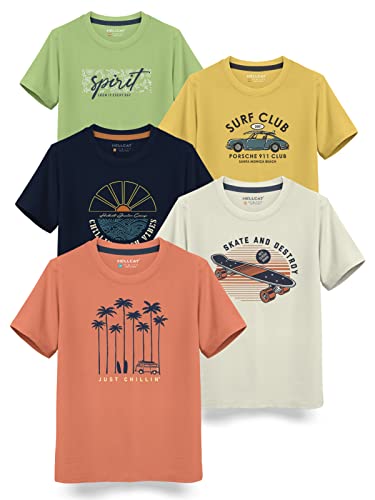 HELLCAT Boys Round Neck Printed Blended Cotton Tshirt -Combo Pack of 2 - Orange/Blue