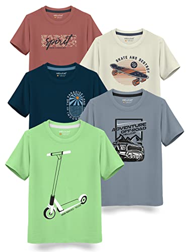 HELLCAT Boys Round Neck Printed Blended Cotton Tshirt -Combo Pack of 2 - Orange/Blue
