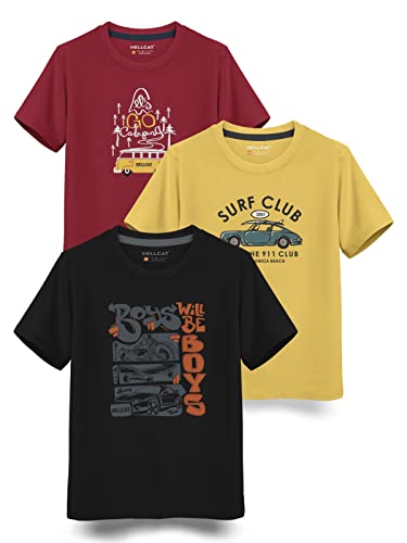 HELLCAT Boys Round Neck Printed Blended Cotton Tshirt -Combo Pack of 2 - Orange/Blue
