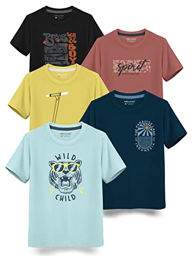 HELLCAT Boys Round Neck Printed Blended Cotton Tshirt -Combo Pack of 2 - Orange/Blue