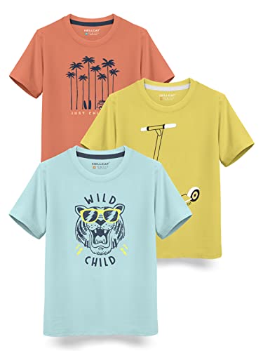 HELLCAT Boys Round Neck Printed Blended Cotton Tshirt -Combo Pack of 2 - Orange/Blue