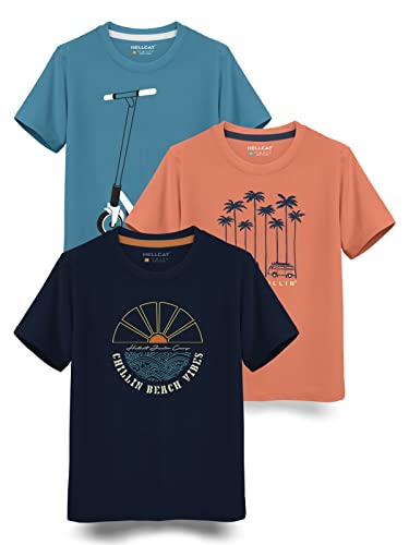 HELLCAT Boys Round Neck Printed Blended Cotton Tshirt -Combo Pack of 2 - Orange/Blue
