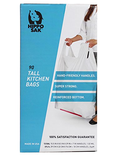 Hippo Sak - Tall Kitchen Garbage Bags with Ergonomic Handles - 13 Gallon Trash Bags - Super Strong, Patented Reinforced Bottom and Leak Proof Tall Kitchen Trash Bags - Heavy Duty Trash Bags (90 Count)