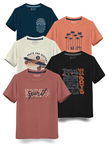 HELLCAT Boys Round Neck Printed Blended Cotton Tshirt -Combo Pack of 2 - Orange/Blue