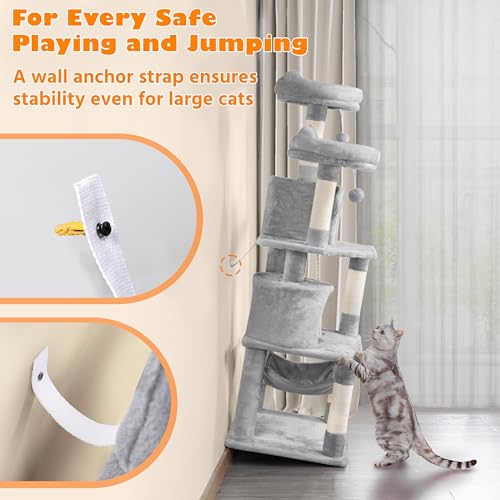 Yaheetech 158cm Multi-level Cat Tree Tower Large Kitten Scratching Posts with Condos/Perches/Hammock Broad-space Kitten Activity Centre, Light Grey