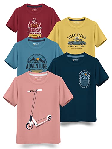HELLCAT Boys Round Neck Printed Blended Cotton Tshirt -Combo Pack of 2 - Orange/Blue